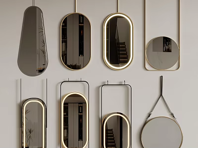 Stylish Modern Wall Mirrors With Various Shapes And Gold Metal Frames 3d model