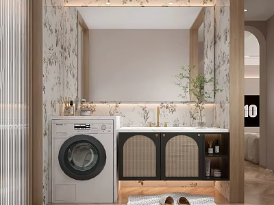 Modern Bathroom Interior With Floral Wallpaper Washing Machine Vanity Mirror And Potted Plant 3d model