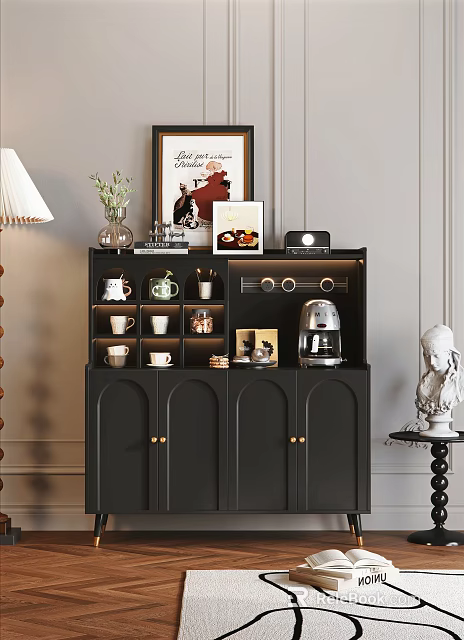 Stylish Black Sideboard with Cabinet Doors Table Lamp Coffee Machine Mugs Decorative Items and Vase 3d model 