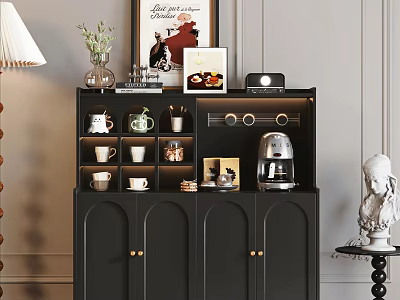 Stylish Black Sideboard with Cabinet Doors Table Lamp Coffee Machine Mugs Decorative Items and Vase 3d model