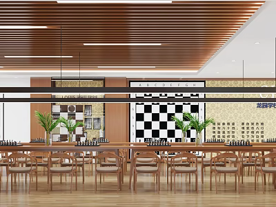 Elegant Hotel Chess Room With Wooden Tables Chairs Black White Checkered Wall And Green Plants 3d model