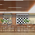 Elegant Hotel Chess Room With Wooden Tables Chairs Black White Checkered Wall And Green Plants
