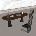 Modern Desk With Oval Tabletop Black Legs Books Vase Lattice Back Chair And Window Blinds