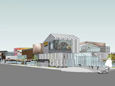 Modern Urban Commercial Street Featuring Glass Facade Buildings Large Billboard Pedestrians And Vehicles 3d model