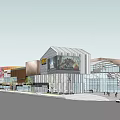 Modern Urban Commercial Street Featuring Glass Facade Buildings Large Billboard Pedestrians And Vehicles