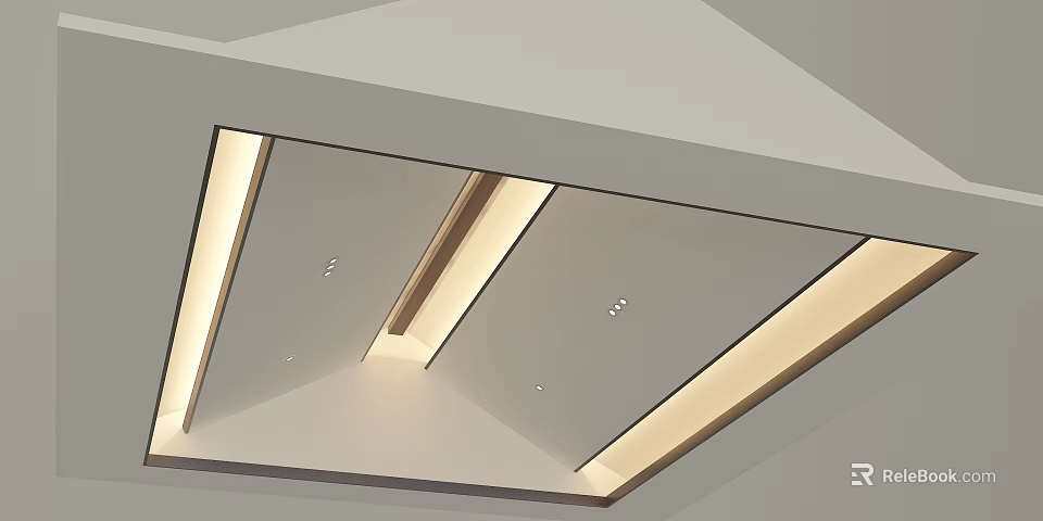 Modern Ceiling Lighting Design With Recessed Strip Lights And Spotlights Creating Warm Soft Glow 3d model 