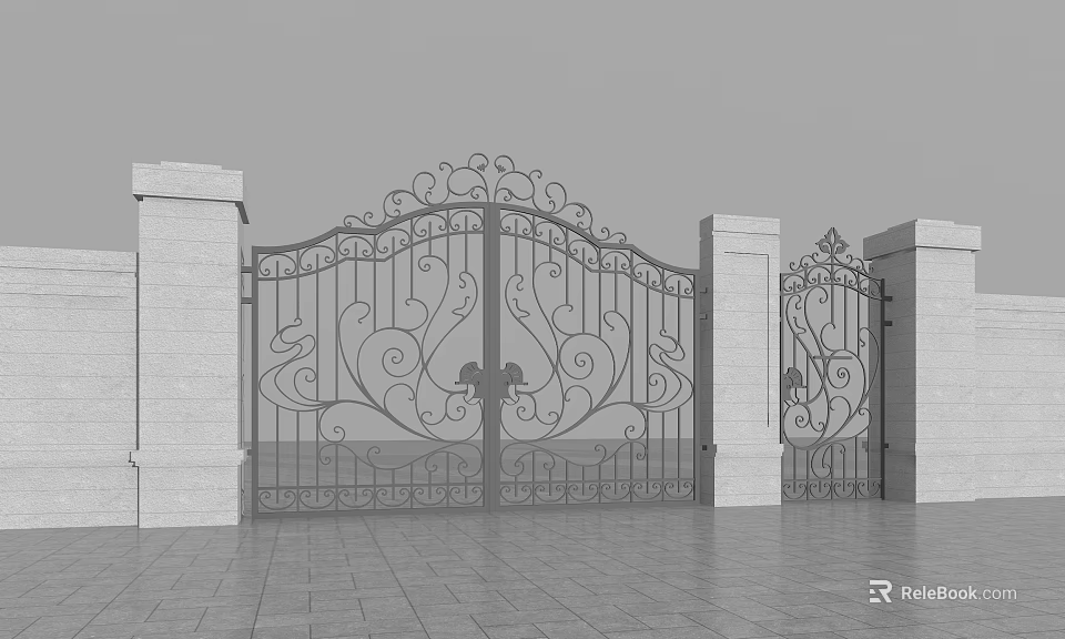 Wrought Iron Gate With Intricate Scroll Patterns And Stone Pillars For Property Entrance 3d model 
