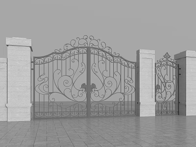 Wrought Iron Gate With Intricate Scroll Patterns And Stone Pillars For Property Entrance 3d model