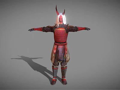 Humanoid Warrior Creature In Red Armor With Horns And White Long Hair 3d model
