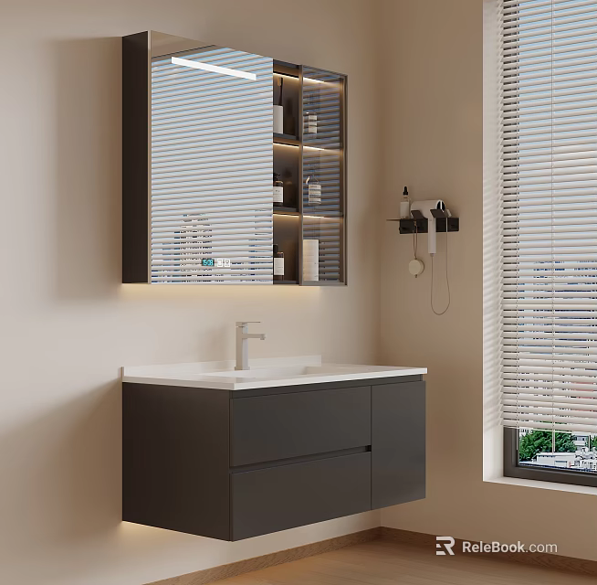 Modern Washbasin Vanity with Dark Gray Cabinet White Countertop LED Mirror and Window Blinds 3d model 