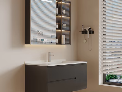 Modern Washbasin Vanity with Dark Gray Cabinet White Countertop LED Mirror and Window Blinds 3d model