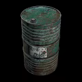 Tech Exhibition Hall Showcasing Green Rusty Metal Oil Drum With Worn White Label