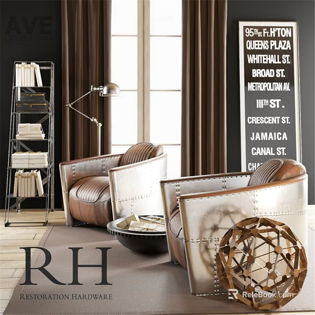 Modern Leather Accent Chairs With Metal Frames In Living Room Featuring Floor Lamp And Decor 3d model 
