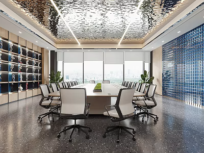 Modern Conference Room Interior With Long Table White Chairs Blue Glass Wall And Green Plants 3d model