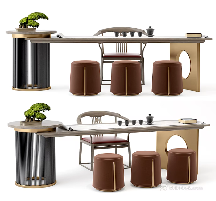 Elegant Tea Table And Chairs With Brown Padded Stools Tea Set Potted Plant And Golden Base 3d model 