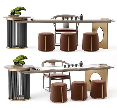 Elegant Tea Table And Chairs With Brown Padded Stools Tea Set Potted Plant And Golden Base 3d model