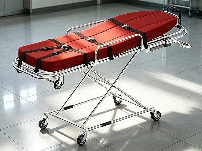 Medical Equipment Red Stretcher with Metal Frame Black Straps and Wheels for Patient Transport 3d model