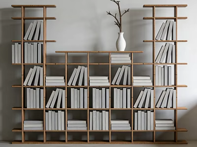 Stylish Wooden Bookshelf With Multiple Shelves Filled With Books And White Vase With Twigs 3d model