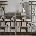 Stylish Wooden Bookshelf With Multiple Shelves Filled With Books And White Vase With Twigs