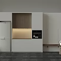 Modern White Wooden Sideboard With Golden Light Strip Coffee Machine Hanging Lights Dark Tiled Floor