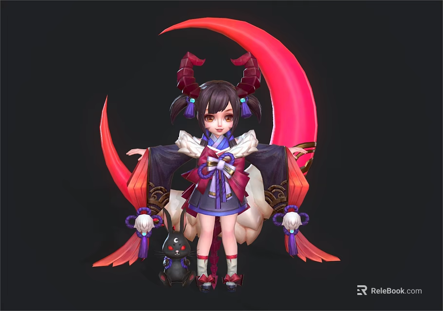 Anime Game Character With Twin Horns Traditional Purple Outfit Red Crescent And Small Black Companion 3d model 