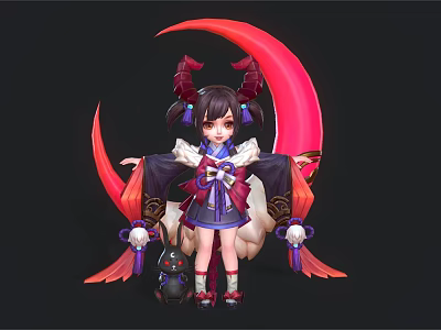 Anime Game Character With Twin Horns Traditional Purple Outfit Red Crescent And Small Black Companion 3d model