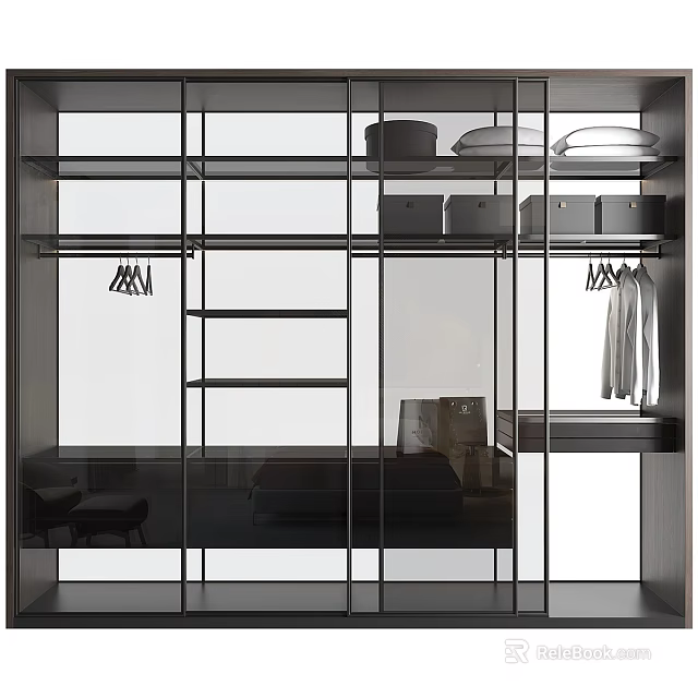 Modern Glass Door Storage Cabinet with Shelves Hanging Clothes and Storage Boxes 3d model 