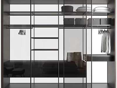 Modern Glass Door Storage Cabinet with Shelves Hanging Clothes and Storage Boxes 3d model