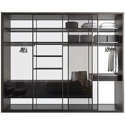 Modern Glass Door Storage Cabinet with Shelves Hanging Clothes and Storage Boxes 3d model
