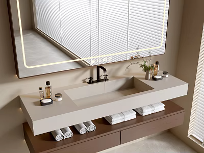 Sleek Bathroom Vanity Cabinet with LED Mirror White Countertop Brown Cabinet and Towels Toiletries 3d model