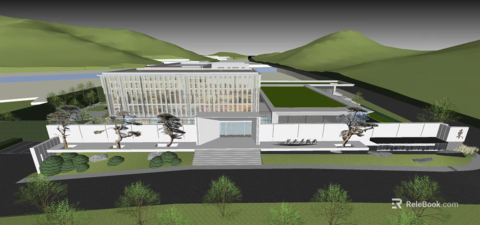 Modern Sales Office Building With Large Glass Windows Green Roof And Mountain Views 3d model 