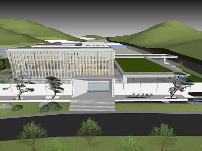 Modern Sales Office Building With Large Glass Windows Green Roof And Mountain Views 3d model