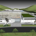 Modern Sales Office Building With Large Glass Windows Green Roof And Mountain Views