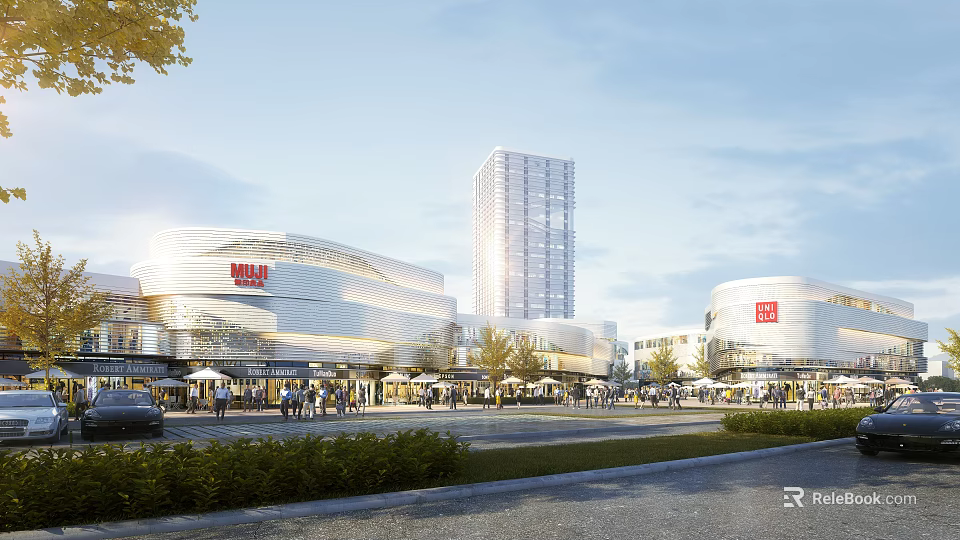 Modern Commercial Street With Shopping Mall High Rise Buildings And Pedestrians 3d model 