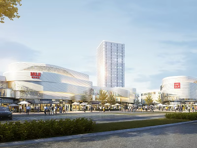 Modern Commercial Street With Shopping Mall High Rise Buildings And Pedestrians 3d model