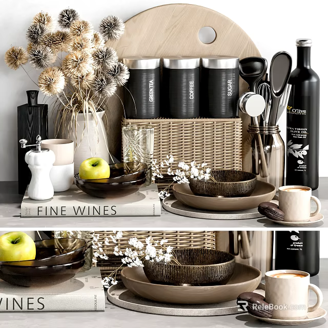 Elegant Kitchen Countertop With Stylish Utensils Bowls Mugs Salt Pepper Grinders And Canisters 3d model 