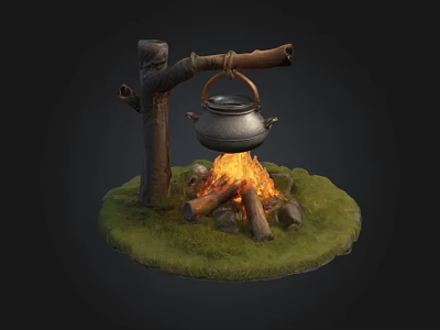 Outdoor Campfire Setup With Hanging Pot Wooden Branch Grass And Stones 3d model