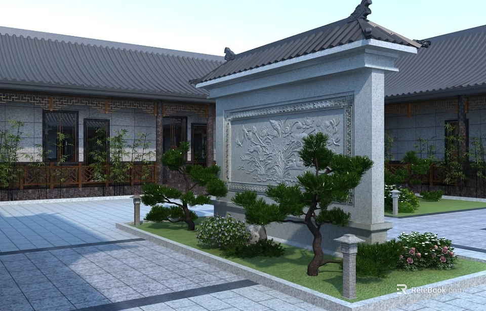 Traditional Ancient Chinese Architecture Courtyard with Carved Stone Screen Pine Trees and Tiled Roof 3d model 