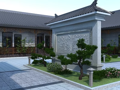 Traditional Ancient Chinese Architecture Courtyard with Carved Stone Screen Pine Trees and Tiled Roof 3d model