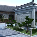 Traditional Ancient Chinese Architecture Courtyard with Carved Stone Screen Pine Trees and Tiled Roof
