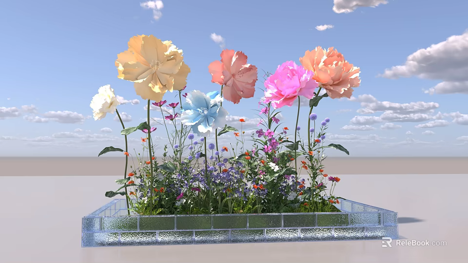 Hotel Corridor Featuring Colorful Flowers In Transparent Square Planter With Light Colored Floor And Blue Sky Background 3d model 