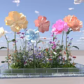 Hotel Corridor Featuring Colorful Flowers In Transparent Square Planter With Light Colored Floor And Blue Sky Background