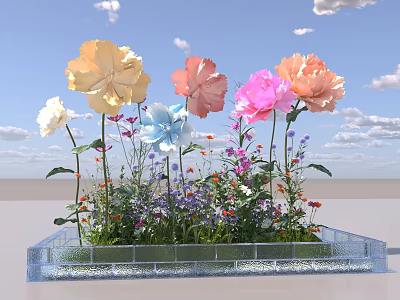 Hotel Corridor Featuring Colorful Flowers In Transparent Square Planter With Light Colored Floor And Blue Sky Background 3d model