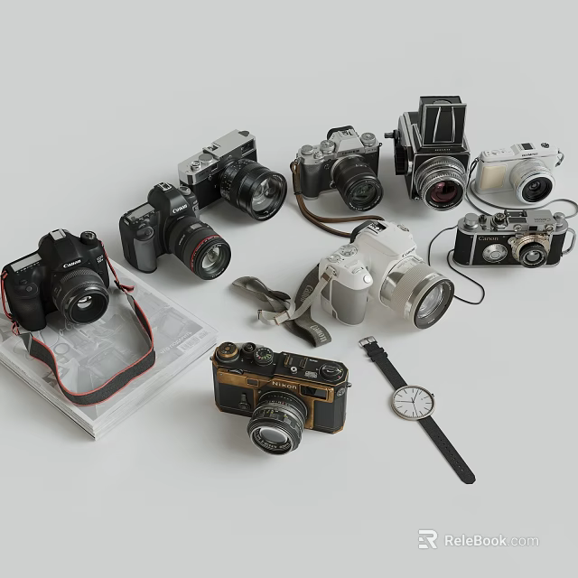Vintage and Modern Cameras Collection with Various Models and Analog Watch 3d model 