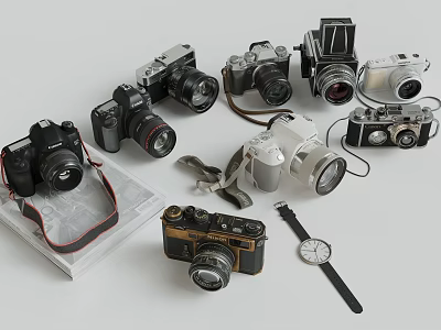 Vintage and Modern Cameras Collection with Various Models and Analog Watch 3d model