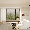Modern Bright Living and Dining Room with Large Windows Green View White Sofa Wooden Floors
