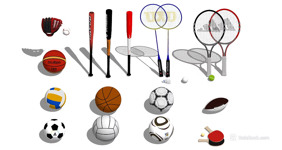 Essential Sports Equipment Collection Including Baseball Bats Badminton Tennis Rackets Balls And More 3d model 