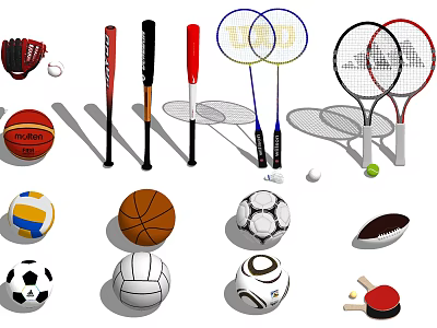 Essential Sports Equipment Collection Including Baseball Bats Badminton Tennis Rackets Balls And More 3d model