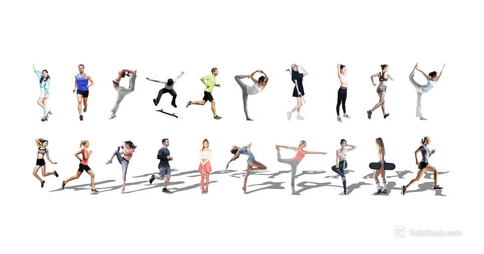 People Doing Various Fitness Poses Including Stretching Running and Jumping 3d model 