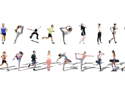 People Doing Various Fitness Poses Including Stretching Running and Jumping 3d model